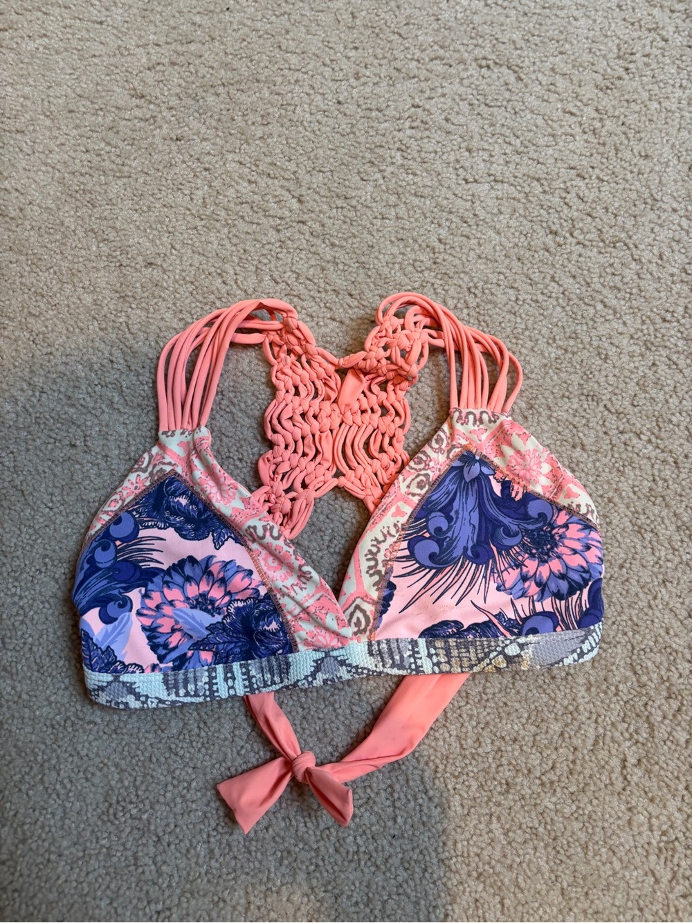 Pink & Blue Floral Macramé Back Bikini Top